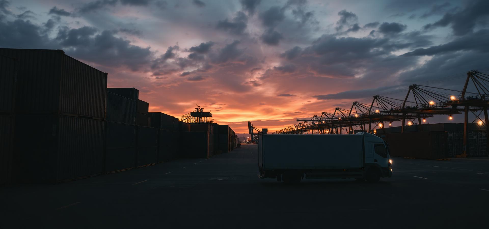 Cargo terminal with containers and freight truck at dusk