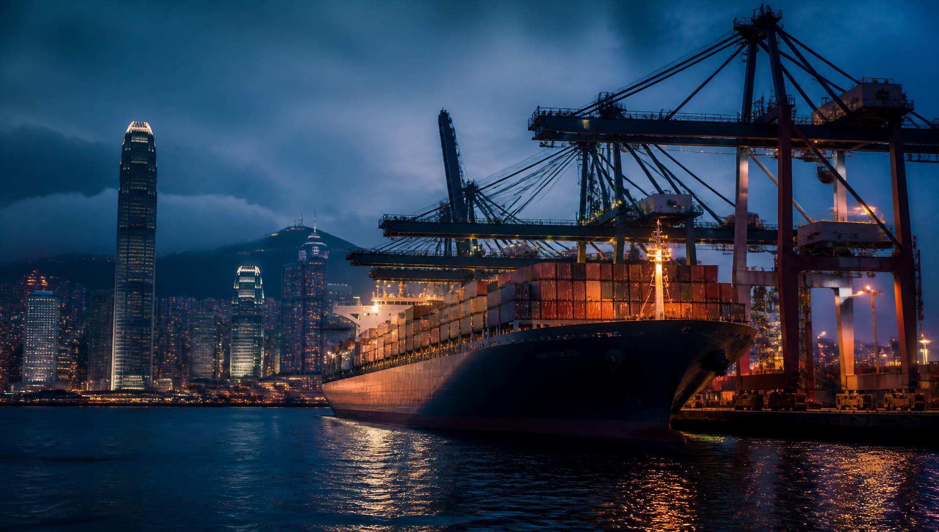 Container ship being loaded at the Hong Kong container port at dusk