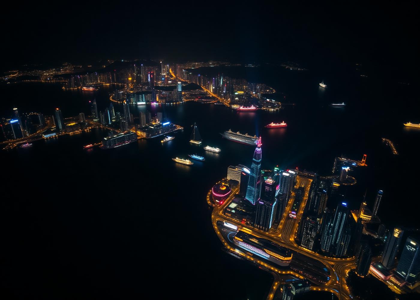 Aerial night view of Hong Kong harbour and the Greater Bay Area shipping lanes