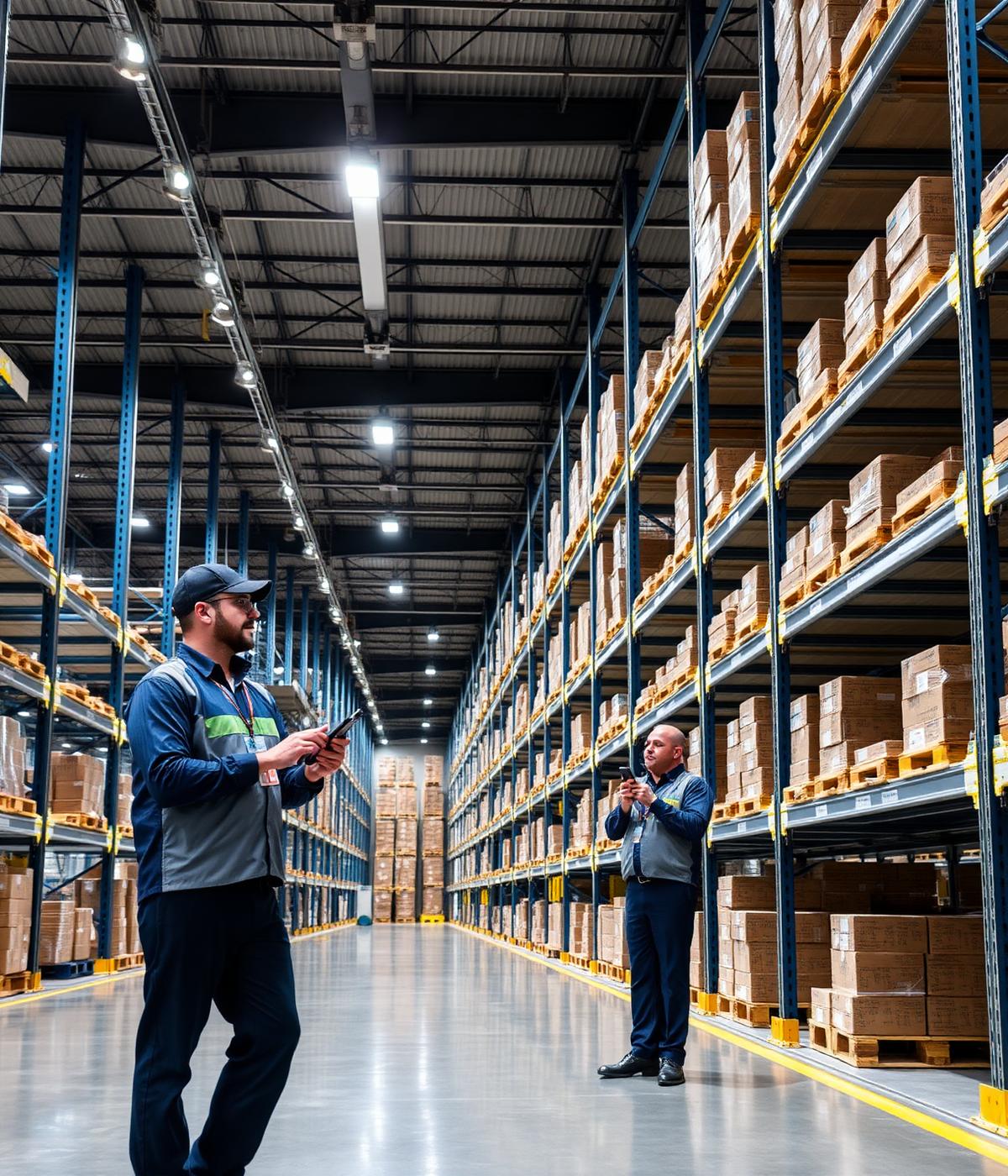 Logistics team working inside a modern distribution warehouse